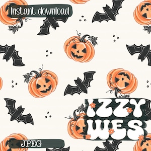 Puede incluir: Un patrón digital con calabazas naranjas y murciélagos negros sobre un fondo crema. El texto IZZY WES aparece en letras blancas de estilo retro sobre una forma de pincelada oscura. Las palabras Instant download y JPEG son visibles.