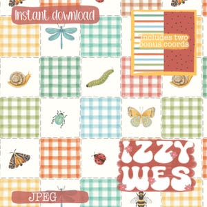以下が含まれることがあります： さまざまな色の昆虫とギンガムチェック柄のパッチワークデザインのデジタルダウンロード。トンボ、カタツムリ、イモムシ、カブトムシ、蝶、テントウムシ、蛾、蜂が含まれています。「インスタントダウンロード」、「2つのボーナス座標を含む」、「JPEG」、「Izzy Wes」というテキストが含まれています。