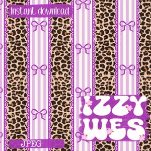 May include: A digital pattern featuring vertical stripes of leopard print alternating with light purple stripes decorated with purple bows. The text "Instant download" appears at the top, "JPEG" at the bottom, and "IZZY WES" in white.