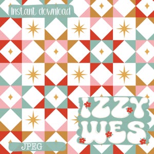 May include: A digital pattern featuring a repeating geometric quilt design in white, red, teal, pink, and mustard yellow. The pattern includes starburst icons and a teal text box in the bottom right corner with the white text IZZY WES and red flowers.