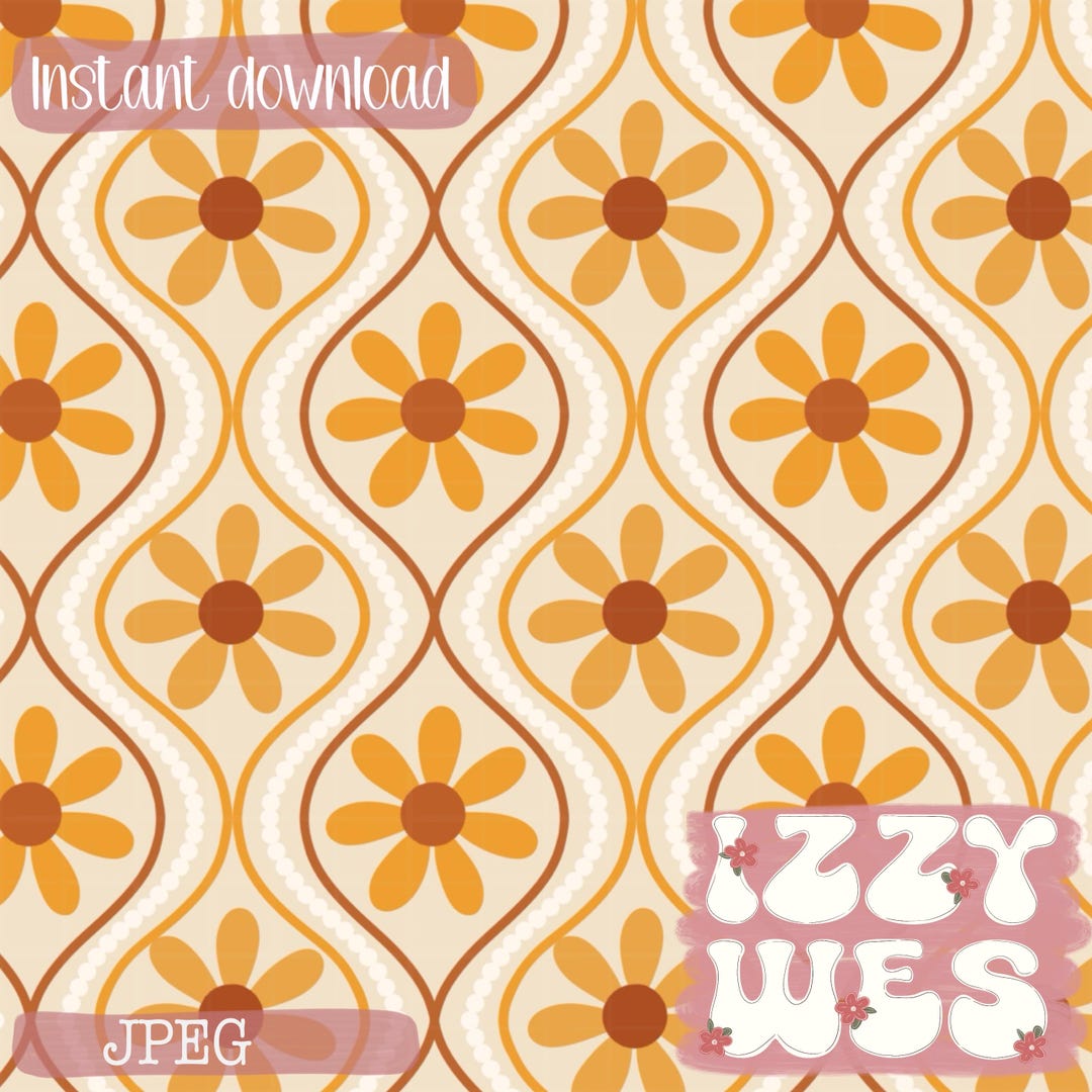 Groovy Yellow and Brown Daisy Retro Seamless Reapeating Pattern Hand ...
