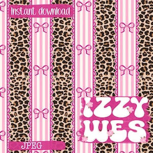 Może przedstawiać: Cyfrowy wzór z pionowymi pasami w panterkę na przemian z jasnoróżowymi i białymi pasami ozdobionymi różowymi kokardkami. Tekst "Instant download" znajduje się na górze, "JPEG" na dole, a "IZZY WES" jest napisane białymi literami.