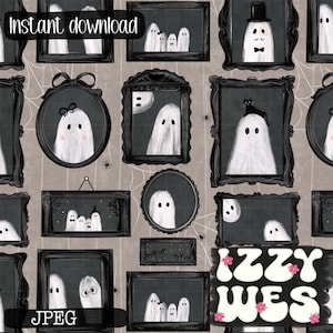 May include: A repeating pattern of framed ghost illustrations in black and white. The ghosts have various expressions and are in different styles of frames. The words "Instant download" and "JPEG" are visible. The background is a light brown color.