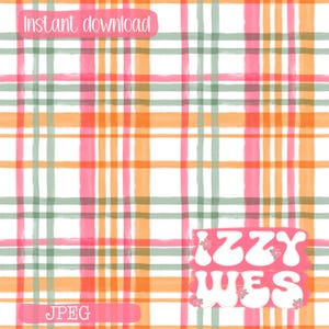 May include: A digital download graphic featuring a plaid pattern in shades of pink, orange, and green on a white background. The words "Instant download" and "JPEG" are displayed on pink banners. The graphic also includes the text "Izzy Wes".