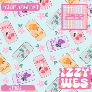 Girly Soda Pop- Blue seamless with 2 Coords| hand drawn Fruity summer digital repeating pattern cherry soda surface pattern trendy soda pop