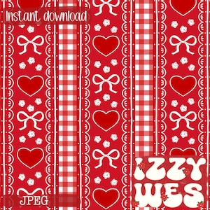 Op de afbeelding: Digitaal papier met een rood en wit patroon met harten, strikken en ruitjes. De woorden "Direct downloaden" en "JPEG" zijn zichtbaar. Het ontwerp bevat ook de tekst "Izzy Wes".