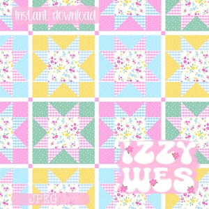 Könnte beinhalten: Ein Patchwork-Design mit sternförmigen Blöcken in Pastellfarben. Jeder Block hat eine florale Mitte, umgeben von Dreiecken in rosa, blauen, gelben und grünen Vichy-Mustern. Die Wörter "Sofort-Download" und "JPEG" sind sichtbar.