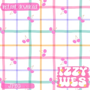 Puede incluir: Un diseño de patrón digital con una cuadrícula de colores pastel, incluyendo rosa, azul, verde y naranja, con ilustraciones de cerezas rosas. Las palabras "Descarga instantánea" y "JPEG" se muestran en pancartas rosas. El diseño también incluye el texto "Izzy Wes".