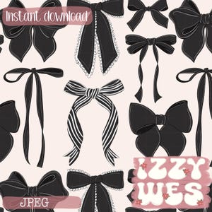 May include: Digital download featuring a pattern of black bows in various styles, including striped and lace-edged designs, set against a pale pink background. The words "Instant download" and "JPEG" are visible.