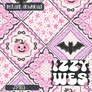 May include: A seamless digital pattern featuring a patchwork of diamond-shaped tiles in shades of pink, light pink, and black. The design includes illustrations of jack-o'-lanterns, bats, and floral motifs. The text reads Instant download, JPEG, and IZZY WES.