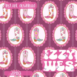 May include: A digital pattern featuring repeating oval frames on a dark purple background with white dashed lines. Each oval contains a pink and white cowboy boot illustration. The text "Instant download", "IZZY WES", and "JPEG" are visible.