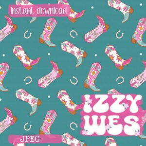 May include: A digital pattern featuring repeating illustrations of pink and white cowboy boots with floral and geometric star motifs, interspersed with small white horseshoes on a teal background, with text reading Instant download, JPEG, and IZZY WES.