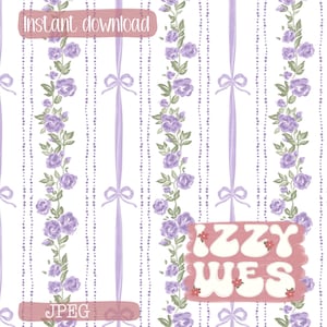 May include: Digital download featuring a repeating floral pattern with lavender roses and green leaves on white vertical stripes. The design includes lavender ribbons and bows, with the text "Instant download" and "JPEG" in pink rectangles. The name "IZZY WES" is also displayed.