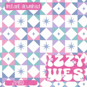 May include: A digital pattern featuring a repeating geometric quilt design with white, pink, purple, and teal diamonds and stars. The text "Instant download" appears at the top, "JPEG" at the bottom, and "IZZY WES" in white bubble letters.