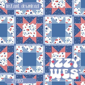 May include: A digital quilt pattern featuring a patchwork design with red gingham, blue floral, and white star patterns. The text "Instant download" and "JPEG" are visible.