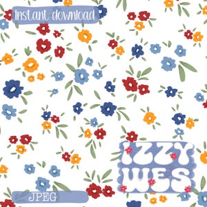 Peut inclure: Un motif floral sans couture avec de petites fleurs rouges, bleues et jaunes sur fond blanc. Le motif comprend des feuilles vertes et le texte "Téléchargement instantané" et "JPEG". Le texte "Izzy Wes" est également présent.