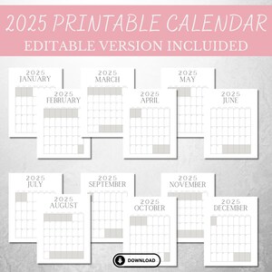 Puede incluir: Calendario imprimible para el año 2025. Cada mes se muestra en una página separada con un diseño simple y minimalista. El calendario es editable e incluye un botón de descarga.