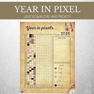 Puede incluir: Calendario mensual imprimible de 2025 para el seguimiento de estados de ánimo diarios. Incluye una cuadrícula, una clave de emociones, una sección de notas y el texto "Year in Pixel". El diseño incluye una mariposa y un reloj.