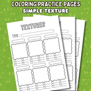 Puede incluir: Una pila de páginas de práctica de colorear blancas con el texto "COLORING PRACTICE PAGES SIMPLE TEXTURE" en la parte superior. Las páginas tienen un fondo verde con puntos blancos y las palabras "INSTANT DOWNLOAD" en la parte inferior.