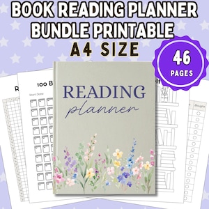 Puede incluir: Un paquete imprimible de planificador de lectura de libros con un diseño floral. La portada del planificador dice "Reading Planner" e incluye un diseño floral de acuarela. El paquete incluye 46 páginas y es de tamaño A4. También se incluye el texto "Instant Download".