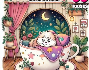 Coco Wyo CoZY SPACE デジタルかわいいぬり絵本 60 ページ、即時ダウンロード、かわいい動物、居心地がよくかわいい、リラックスできる大胆で簡単なデザイン