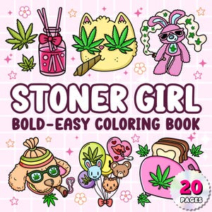 Puede incluir: Un libro para colorear con fondo rosa y el título "STONER GIRL BOLD-EASY COLORING BOOK". La portada presenta una variedad de imágenes de dibujos animados, incluyendo un gato con gafas de sol, un conejo con un porro, un perro con un sombrero y una tostadora con un porro.