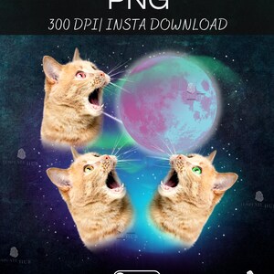May include: Three orange cats with green and red eyes are looking up at a large, pink and blue moon in a dark, starry sky. The moon is surrounded by a green and blue aurora.