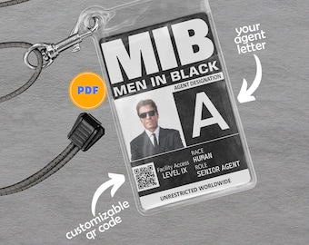 Carte d'identité MIB personnalisée imprimable, agent personnalisé de carte d'identité pour hommes en noir, Cosplay, porte-nom, carte d'identité mib, carte d'agent, carte Mib, code QR