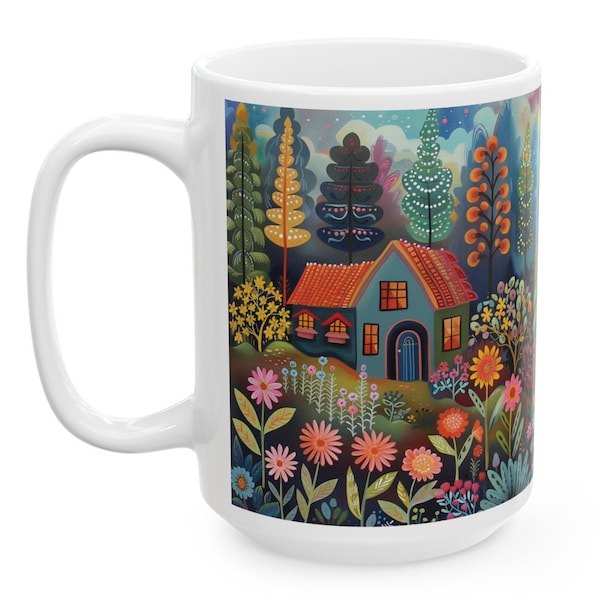 Cottage Mug Boho Colorful cottage in the woods mug gift, Ceramic Mug, ( 15oz)