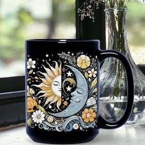 Wildflower Sun & Moon Celestial  Black Mug (11oz , 15oz) cottage core decor kitchen