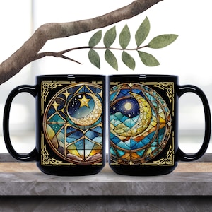 Celestial Moon & Stars Black Mug: Stained Glass Design