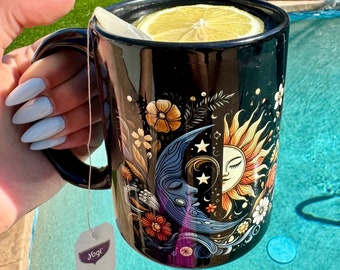 Wildflower Sun & Moon Celestial  Black Mug (15oz)