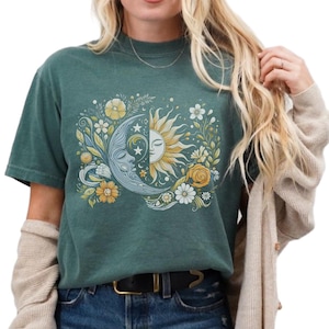 Sun Moon Celestial Shirt Gift for Beach, camping lover Celestial Aesthetic tee Unisex Garment-Dyed T-shirt, gift for star gazer, boho shirt