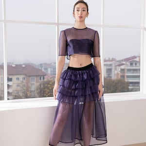 Tulle Dress, Ruffle Skirt and Sheer Blouse , Set of Party wearing, Shiny Ruffle Skirt, Party Dress, See Through Dress, Half Tulle Sleeves