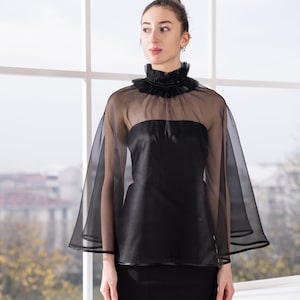 Tulle Capelet, Sheer Black Cloak, Romantic Women&#39;s Cape, Transparent Overlay, Ruffle Collar-Black Tulle Cloak,Women Accessory,Oversized Cape