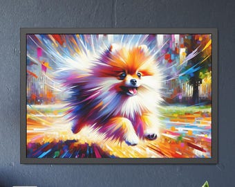 Può includere: Un dipinto astratto colorato di un piccolo cane arancione e bianco, con il pelo lungo e soffice, che corre attraverso un campo di fiori. Il cane è a fuoco, lo sfondo è sfocato.