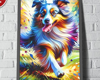 Stampa artistica di pastore australiano: vivido ritratto di cane australiano, opzione con cornice