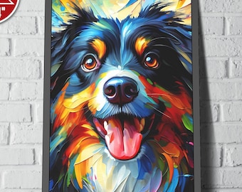 Stampa artistica di pastore australiano: vivido ritratto di cane australiano, con o senza cornice