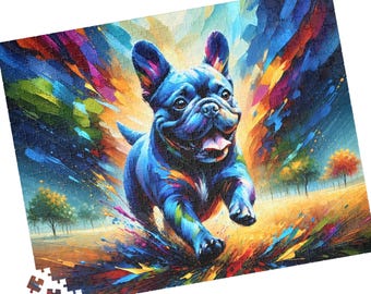French Bulldog Jigsaw Puzzle, Acrylic-Style Dog Portrait, Blue Frenchie