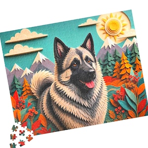 Norwegian Elkhound Jigsaw Puzzle, Layered Paper Cut Art, Gray and Black Norwegian Moose Dog Gift