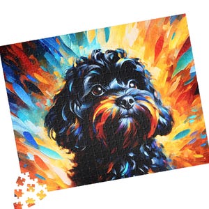 Cavapoo Jigsaw Puzzle, Acrylic-Style Dog Portrait, Black and Tan Cavalier Poodle Mix