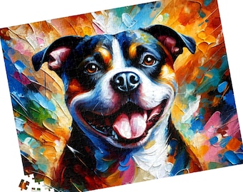 May include: A jigsaw puzzle featuring an oil painting of a dog with black, white, and tan fur. The dog has a wide, open-mouthed smile with a visible tongue. The background consists of vibrant, thick, textured brushstrokes in orange, blue, and yellow.