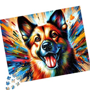 Puede incluir: Un rompecabezas rectangular que presenta una ilustración vibrante y multicolor de un perro con la boca abierta y la lengua visible. El fondo consiste en pinceladas dinámicas y radiantes en tonos de azul, naranja, rojo y amarillo.