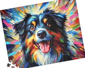 Puzzel met afbeelding van een Australische Herder, acrylverf, cadeau voor liefhebbers van de driekleurige Australische Herder.