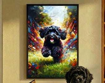 May include: A framed art print of a black dog running through a colorful, abstract background. The artwork features vibrant splashes of color and a playful depiction of the dog. The dog in the painting has a happy expression.
