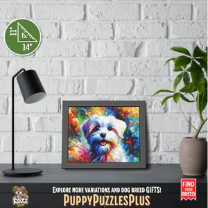 Striking horizontal 14"x11" (35.6 x 27.9 cm) Maltese Dog acrylic art print displayed on a white brick wall. This eye-catching Maltese Terrier piece is perfect for dog lovers and breed owners. Also available as a poster-only option. The footer in the image includes the Puppy Puzzles Plus logo, bright yellow “PuppyPuzzlesPlus”, “Explore more variations and dog breed gifts!” and a red ribbon with “Find Your Breed”