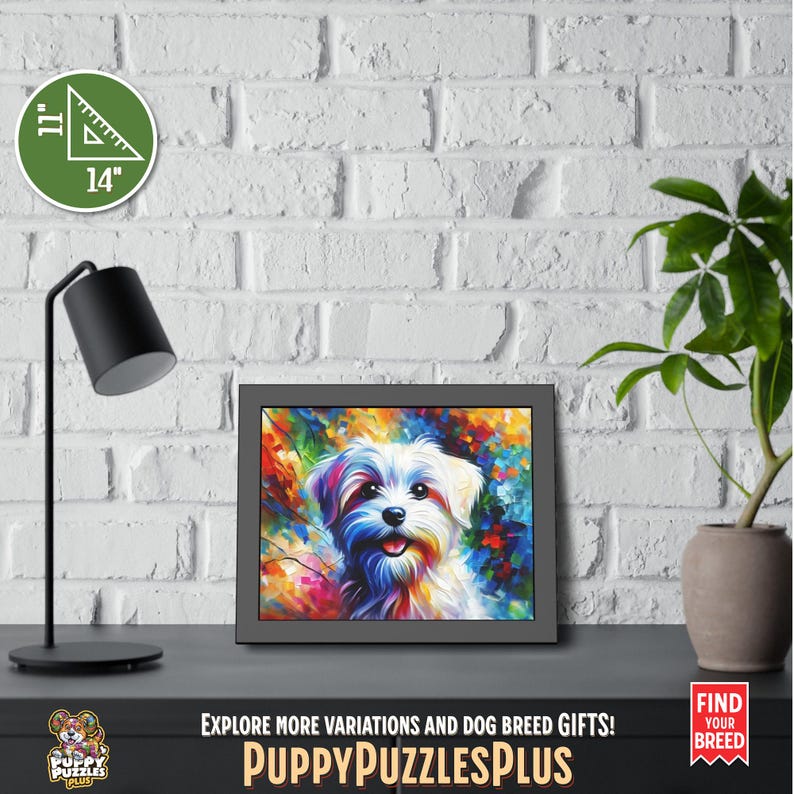 Striking horizontal 14"x11" (35.6 x 27.9 cm) Maltese Dog acrylic art print displayed on a white brick wall. This eye-catching Maltese Terrier piece is perfect for dog lovers and breed owners. Also available as a poster-only option. The footer in the image includes the Puppy Puzzles Plus logo, bright yellow “PuppyPuzzlesPlus”, “Explore more variations and dog breed gifts!” and a red ribbon with “Find Your Breed”