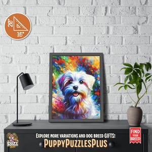 Striking vertical 16"x20" (40.6 x 50.8 cm)  Maltese Dog acrylic art print hanging on a white brick wall. A vivid dog art poster perfect for Maltese Terrier owners and pet enthusiasts. Also available as a poster-only option. Ideal for hallways or bedrooms. The footer in the image includes the Puppy Puzzles Plus logo, bright yellow “PuppyPuzzlesPlus”, “Explore more variations and dog breed gifts!” and a red ribbon with “Find Your Breed”