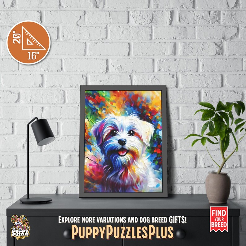 Striking vertical 16"x20" (40.6 x 50.8 cm)  Maltese Dog acrylic art print hanging on a white brick wall. A vivid dog art poster perfect for Maltese Terrier owners and pet enthusiasts. Also available as a poster-only option. Ideal for hallways or bedrooms. The footer in the image includes the Puppy Puzzles Plus logo, bright yellow “PuppyPuzzlesPlus”, “Explore more variations and dog breed gifts!” and a red ribbon with “Find Your Breed”