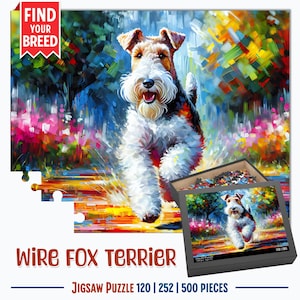 May include: A colourful jigsaw puzzle featuring a Wire Fox Terrier running through a field of flowers. The puzzle is available in 120, 252, and 500 pieces.